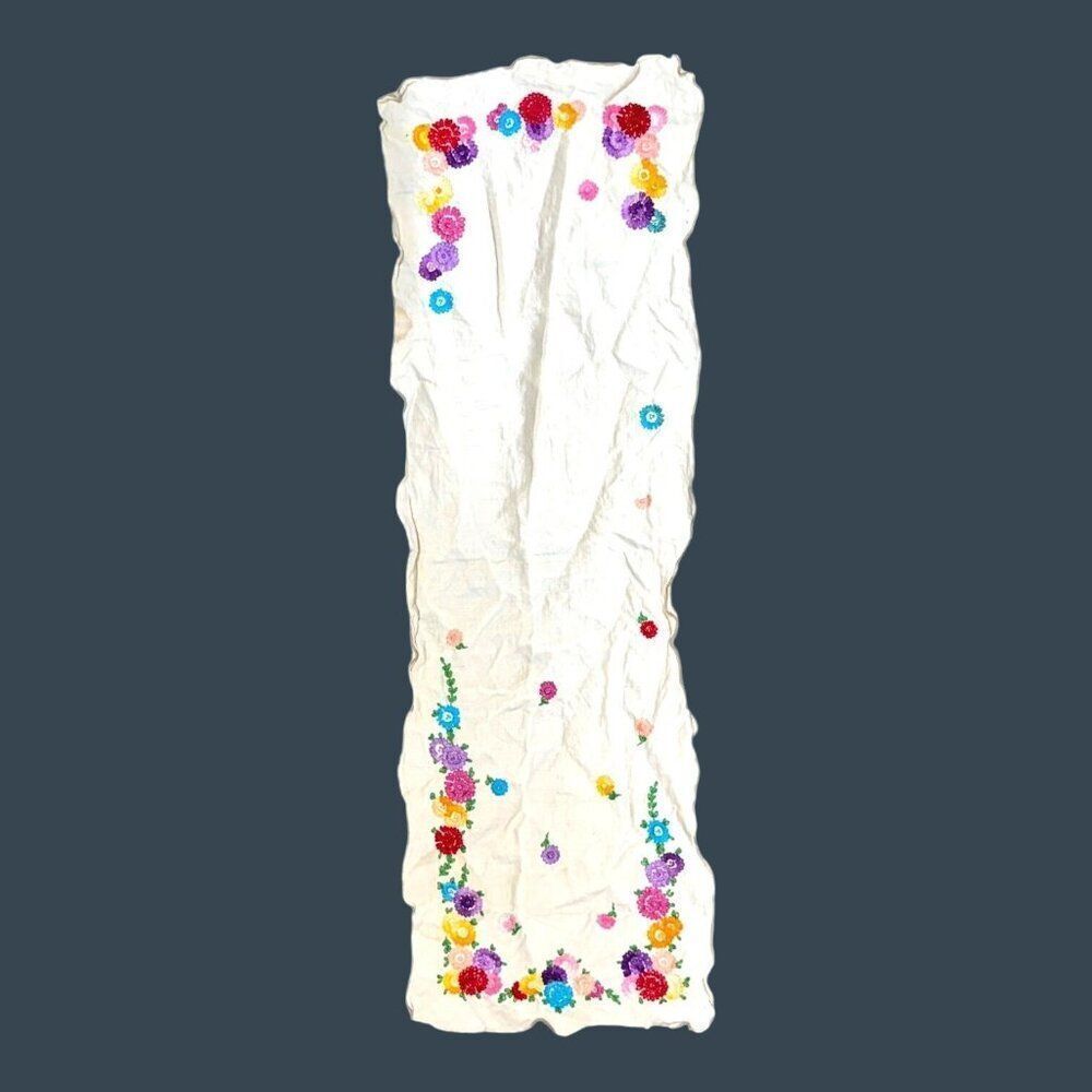 Vintage Embroidered Floral Table Runner Colorful Flower Fabric 40x14 Shabby Chic